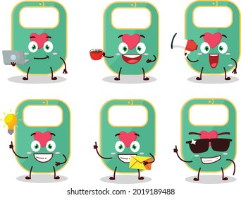 Green baby appron cartoon character with various types of business emoticons. Vector illustration