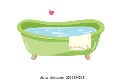 Green baby bathtub with foam, soap bubbles and a yellow rubber duck. Bathtub cartoon clipart in flat style isolated on white background. Baby shower, baby element set.