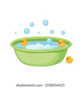 Green baby bathtub with foam, soap bubbles and a yellow rubber duck. Bathtub cartoon clipart in flat style isolated on white background. Baby shower, baby element set.