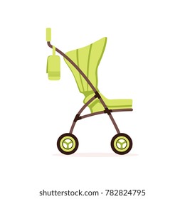 Green baby carriage, safe handle transportation of toddler vector Illustration