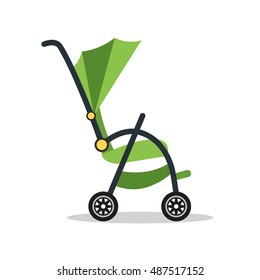 Green Baby Carriage Stroller. Flat Design Style icon. Baby's pram. Child Transport. Vector illustration for child's born card.