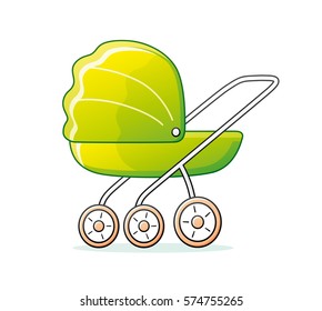 Green baby child pram stroller isolated.