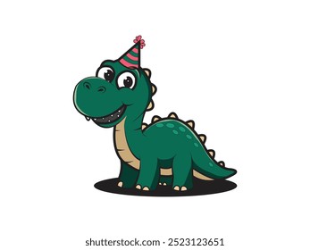 green baby dinosaur wearing birthday hat