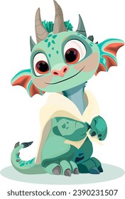 Green baby dragon with blanket on white background