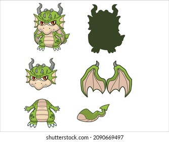 Green baby dragon cartoon vector. Flying dragon, Dragonfly dino character, Fairytale amphibians, Funny fairy tale dragon cute with wings, horns and tail, Isolated on white background.