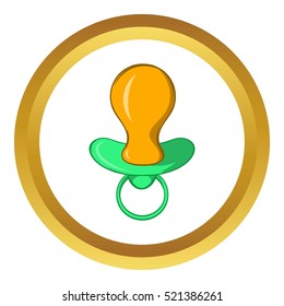 Green baby pacifier vector icon in golden circle, cartoon style isolated on white background