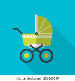 Green baby pram.  flat icon with long shadow