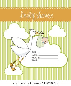green baby shower card with stork and baby. vector illustration