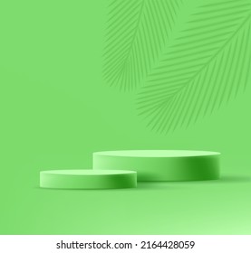 green backdrop for advertising with 3d green podium and palm leaf. Vector illustration