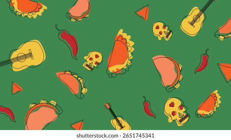 Fundo verde decorado com tacos, crânios de açúcar, chilies e guitarras, refletindo uma divertida mistura de comida e elementos do Dia dos Mortos.