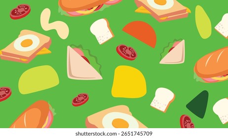 Fundo verde com sanduíches de ovo, fatias de torrada e tomates. Um design de refeição matinal vibrante e saboroso.