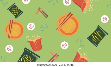 Green backdrop with ramen plates, noodle cups, chopsticks, instant noodle packs, and food toppings in a lively composition.
