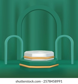 Green backdrop with white octagonal platform, gold accents, and arches is ideal for presentations, events, backgrounds, and luxury design projects.