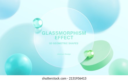 Green Background Of 3d Geometric Circle And Sphere With Glassmorphism Round Plate In The Center