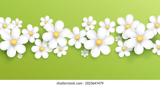 Grüner Hintergrund mit 3D-realem Kamille oder dunklem, floralem Streifen, grafisches Element für das Design