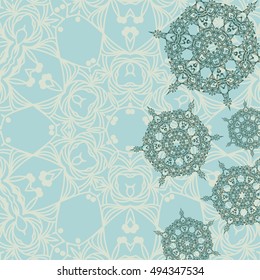 Green background with abstract arabesque snowflakes for card or invitation. Copy space. Vector illustration eps8