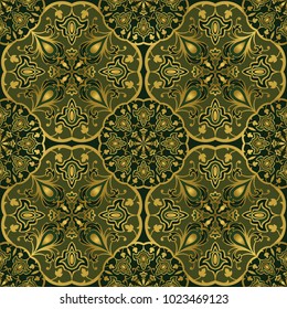 Green background with abstract elements. Seamless oriental ornament. Template for textile, carpet. 