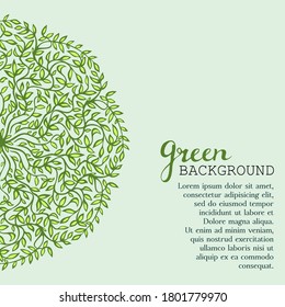 Green background with abstract foliage. Hand drawn half mandala from branches with leaves. Botanic vector illustration.