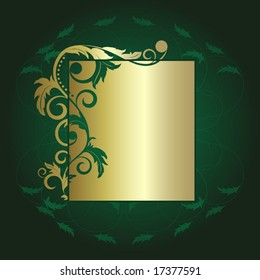 Green  background with   abstract gold  branch  and leaves