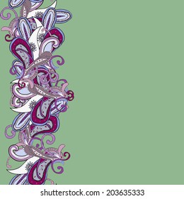Green background with abstract oriental tracery. Paisley pattern. Colored eastern border on green field. Can be used as greeting card, packing paper etc.