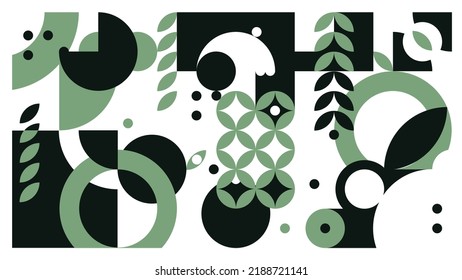 Green background abstract shapes. Design art drawing minimal geometric. Creative geometric forms. Ciecles, plants, rectangle, square