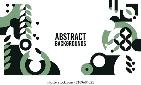 Green background abstract shapes. Design art drawing minimal geometric. Creative geometric forms. Ciecles, plants, rectangle, square. Space for text. Space for header