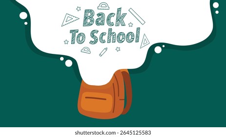 Green background with abstract white shape and backpack under chalk back to school text