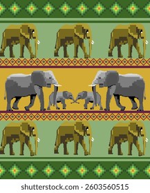 Green background with alternating sections featuring red floral patterns and Thai elephant motifs