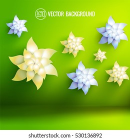 Green background with artificial flowers of pale yellow and light blue colors 3d vector illustration