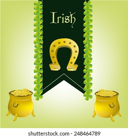 a green background with a banner with clovers, text and a horseshoe