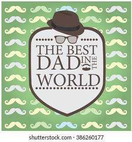 Green background with a banner with text, a hat and glasses for father's day