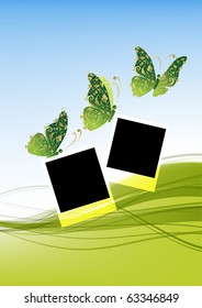 Green background with beautiful butterflies, insert your photos