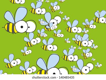 Green background with bees. Vector illustration. Eps 8.
