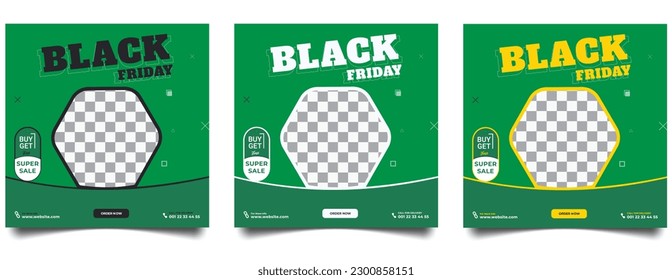 green background Black Friday Set social media post banner template, Editable Square Banner Design vector,