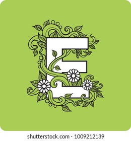 green background, black outline, white letter E, vector illustration, eps 10, english alphabet