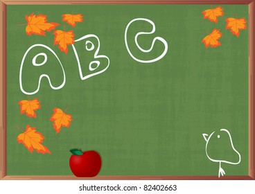 green background - green blackboard with drawings and red apple