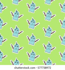 Green background, blue monster sticker, emotions, cute, shy