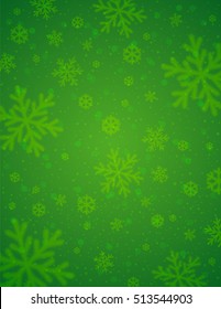 Green  background with  blurred snowflakes, vector illustration