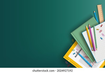 a green background with a book, a textbook, a notebook, a ruler, a pen, colored pencils, a calculator and other stationery lying on it. Vector illustration in the style of flat lay on a school theme