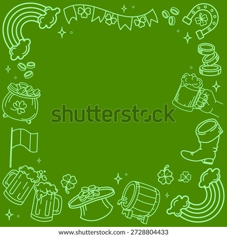 Green background border with St. Patricks Day icons including beer mugs, gold coins, clovers, rainbow, boots for greeting cards, party flyers, social media posts, banners.Vector illustration