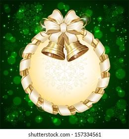 Green background with bow and Christmas bells, illustration.