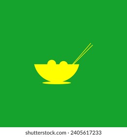 green background with a bowl of noodles and chopsticks