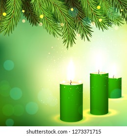 Green background with branches of a New Year's tree in the lights and butning candles