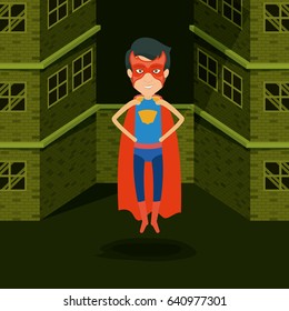 green background buildings brick facade with superhero man with costumes and flying vector illustration