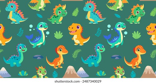 A green background with a bunch of different colored dinosaurs. The dinosaurs are all smiling and looking happy