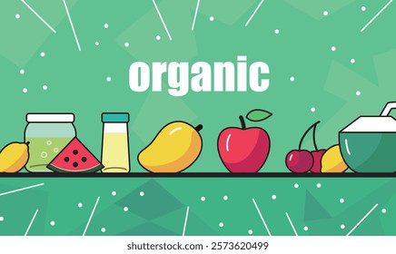 A green background with a bunch of fruits and vegetables, including apples, cherries, and watermelon. The word "organic" is written below the fruits and vegetables