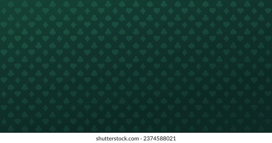 Green background with card playing suits. Gamble velvet texture poker table decoration with gambling and vector bets