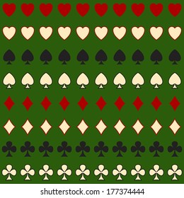 Green background with card suits spaced stripes.Vector.