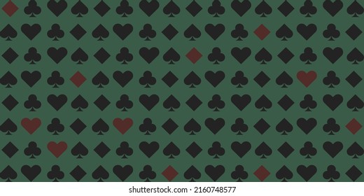Green background with card suits. Spades, hearts, diamonds, clubs. Background for gambling, casino advertising. Vector illustration.
