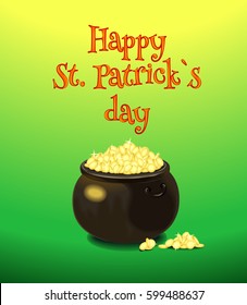 Green background with cauldron with coins for happy Saint Patrick`s day. Vector isolated illustration.